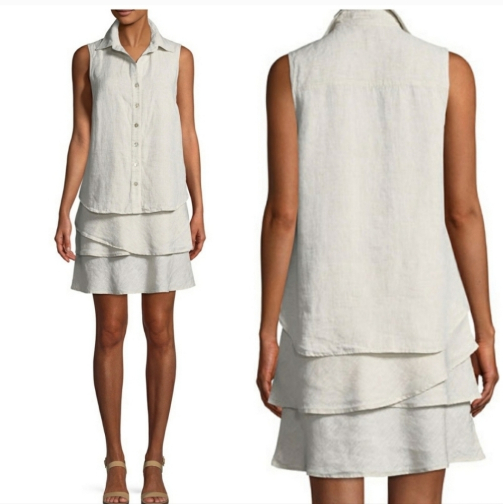 Finley Jasmine Tiered Linen Sleeveless Collared Shift Beige Asymmetrical Dress S
